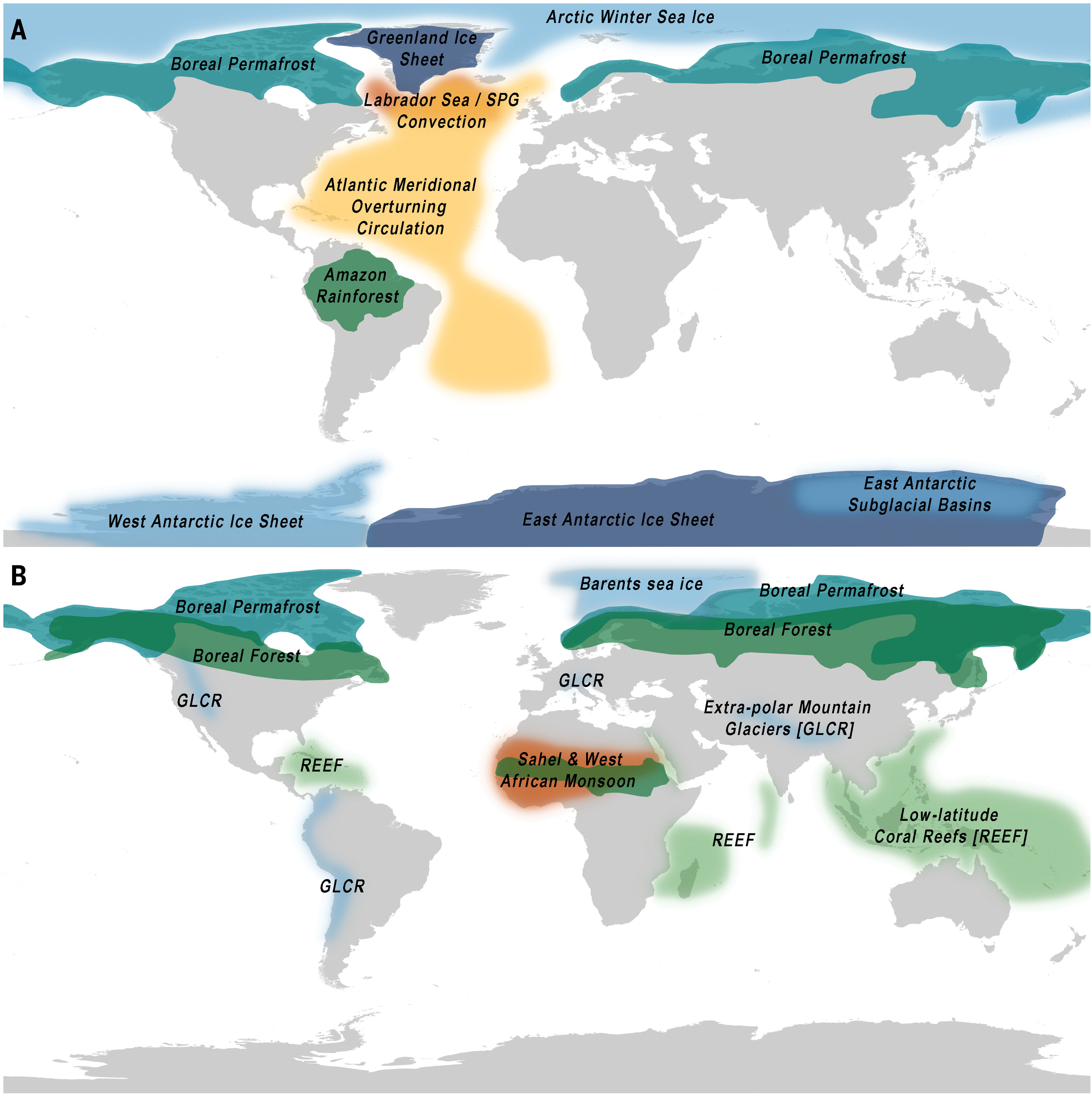 Map of global climate tipping elements and regional systems 